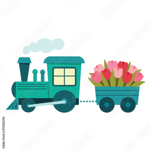 Cute teal train carrying a wagon full of colorful tulips