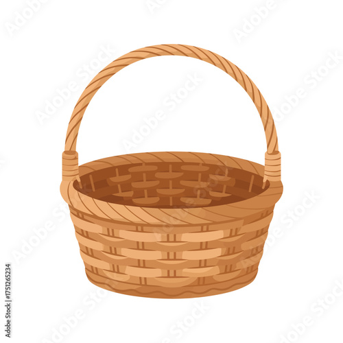 Woven wicker basket with handle isolated on white background
