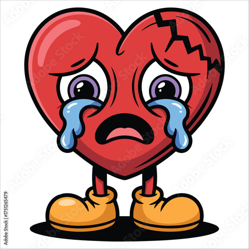 Sad broken heart character crying tears cartoon style graphic with cracked top and big eyes emotionally expressive illustration