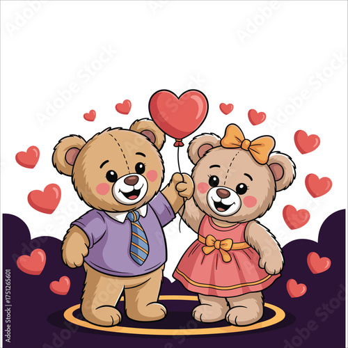 Charming pair of teddy bears celebrating love with heart balloons and romantic accents adorable couple illustration illustration