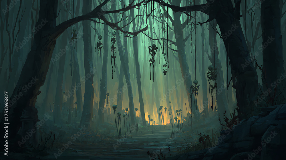 Obraz premium Dark forest with hanging skeletons and glowing eyes in the shadows 