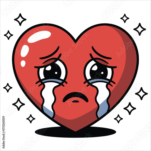 Heartbroken emoji character with tears and sparkling accents expressing sadness and pain illustration