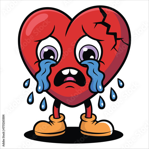 Sad broken heart character crying tears cartoon expressing emotional pain and heartbreak illustration