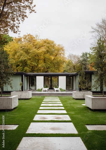 Modern minimalist home exterior with green lawn and trees architectural design