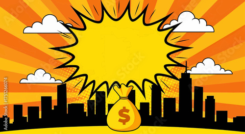 Wealthy money and dollar concept in a pop art comic style with an explosion over a business city for success