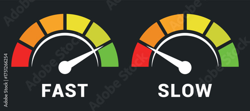 Fast and Slow Speedometers Gages Performance Icons Vectors on Dark Background