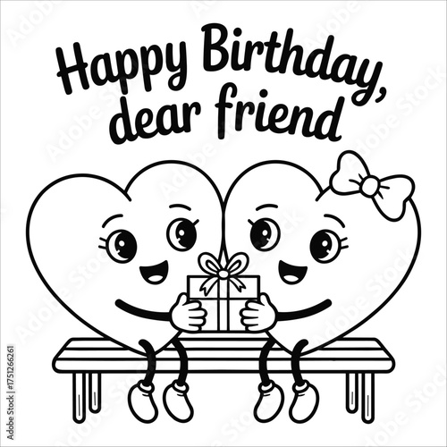 Cute happy birthday dear friend heart characters sitting on bench holding gift celebrating together illustration
