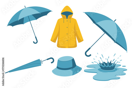 Collection of rain gear and weather elements vector illustrations for eps downloads silhouette