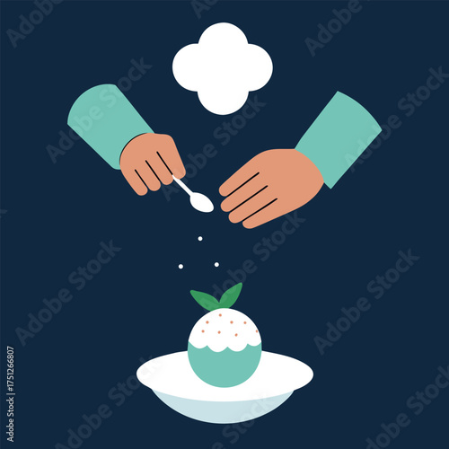Chef garnishing dessert with spoon hands