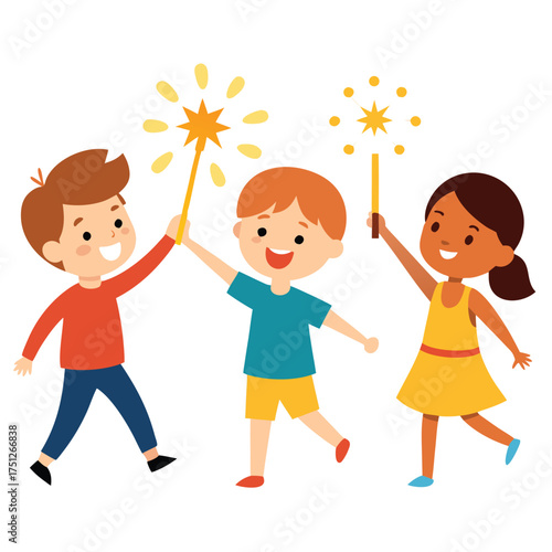 Children celebrating with sparklers playing celebration