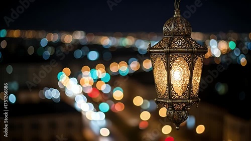 Ornate Golden Lantern Illuminates the Night Cityscape with Warm Glowing Lights and Bokeh Effects