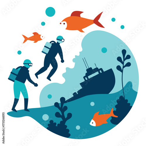 Divers explore sunken ship with orange fish scuba divers