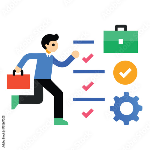 Man with briefcase running past checklist checkmarks