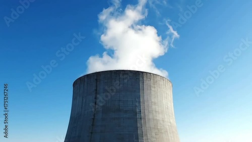 Industrial cooling tower in a realistic style, grey and blue, representing energy production and air pollution with copy space
