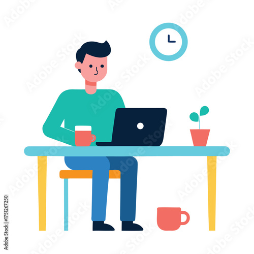 Man with laptop and coffee at table desk