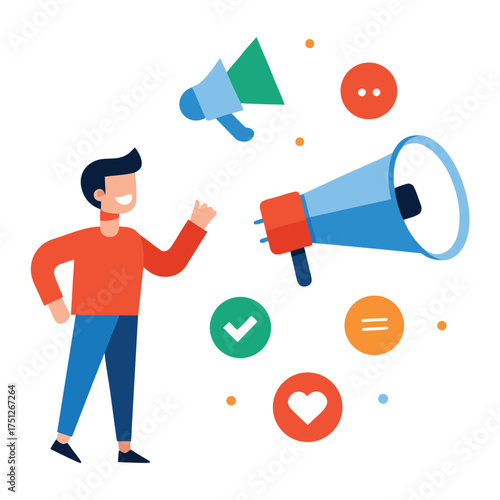 Man with megaphones and icons green blue