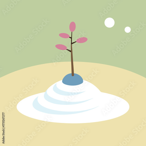 Minimalist zen garden with pink blossoms raked sand