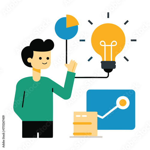 Person analyzing data with lightbulb idea cartoon vector