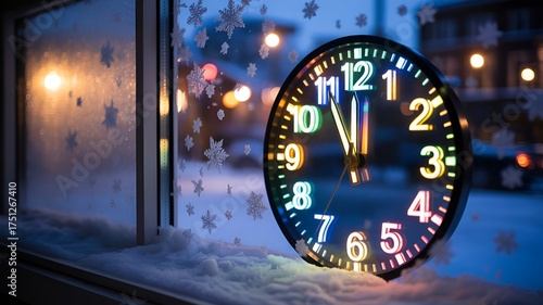 A captivating view of the clock at midnight surrounded by snowflakes.