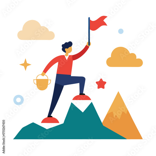 Person on mountain peak holding flag achievement