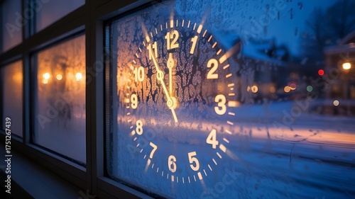 A captivating indoor view, showcasing a clock's reflection on a frosty window.