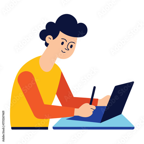 Person sketching on digital tablet laptop drawing