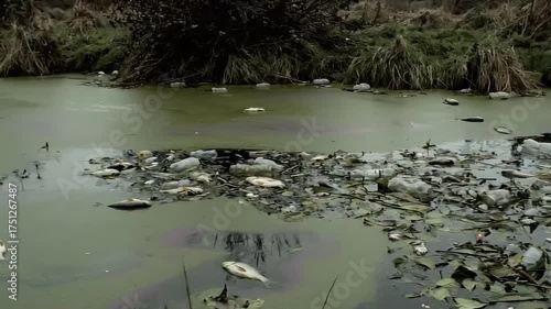 Polluted river filled with dead fish and trash in a grim style, murky green and brown, representing an ecological disaster and water contamination