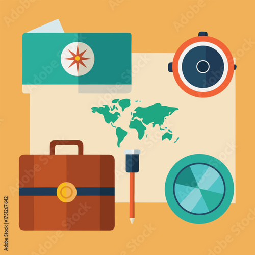 Vintage travel objects flat lay suitcase compass