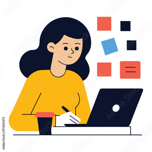 Woman sketching on laptop with coffee illustration