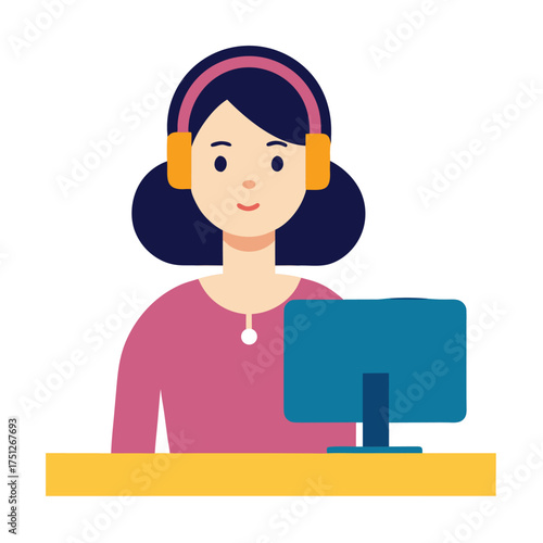 Woman with headphones at computer flat vector developer