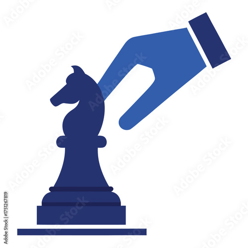 Blue hand moves dark blue knight chess piece vector