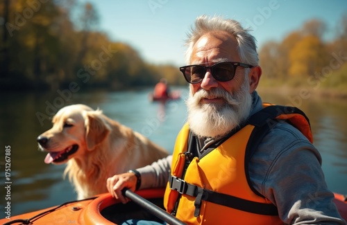 Elderly man kayaks with dog. Senior enjoys water activity in summer. Gray bearded paddler wears life vest on sunny river. Healthy retired person travels with pet golden retriever in canoe.