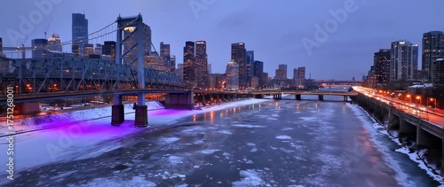 Wallpaper Mural Panoramic Twilight Cityscape: Frozen River and Urban Lights Reflecting a Cold Winter Night Torontodigital.ca