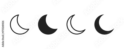 Moon crescent icon set. Different shapes of moon. Moon phase symbol. Crescent icon in glyph.