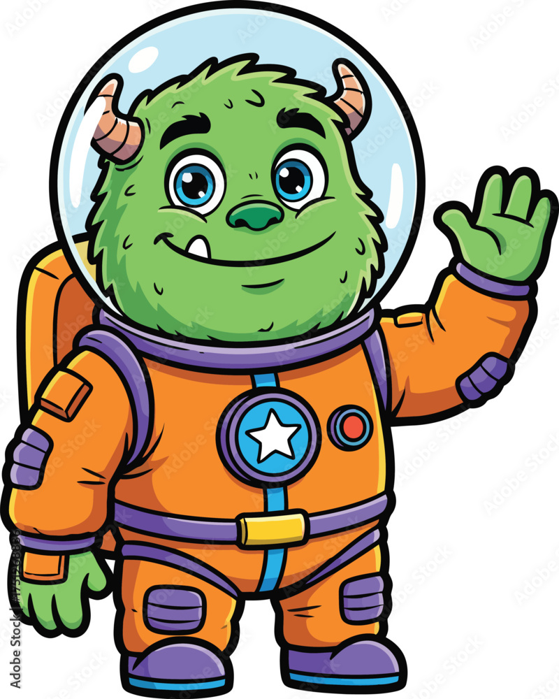 Obraz premium Green cartoon monster astronaut waving hello