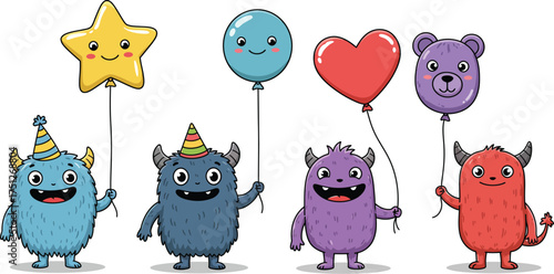 Cute cartoon monsters holding balloons isolated on white background