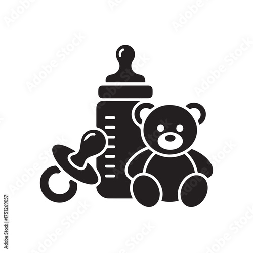 Vector art of baby bottle, pacifier, and teddy bear icon