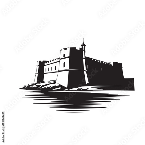 Vector art of silhouette of a medieval fortress on a rocky outcrop with water reflection