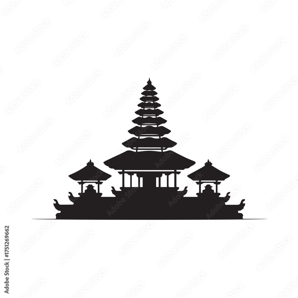 Fototapeta premium Vector art of silhouette of a traditional balinese temple with multiple tiered roofs and ornate pavilions
