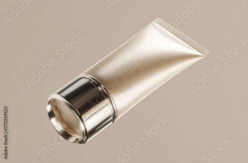 Floating Cream Tube With Silver Lid Against a Neutral Background Highlighting...