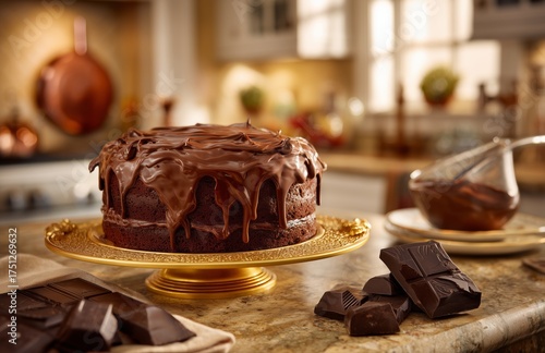 Chocolate Cake on a Golden Stand in a Cozy Kitchen Surrounded by Cooking Uten...