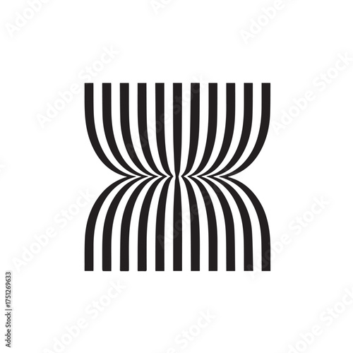 Vector art of abstract black and white striped pattern forming a symmetrical hourglass or bowtie shape, creating an optical illusion of curvature and depth