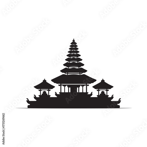 Vector art of silhouette of a traditional balinese temple with multiple tiered roofs and ornate pavilions