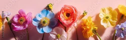 Colorful Flowers Arranged on a Pastel Background for a Bright Spring Display
