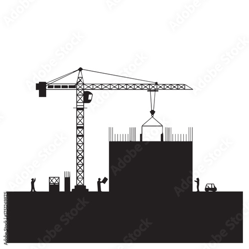 Vector art of silhouette of a construction site with a crane lifting a structure and workers on the ground