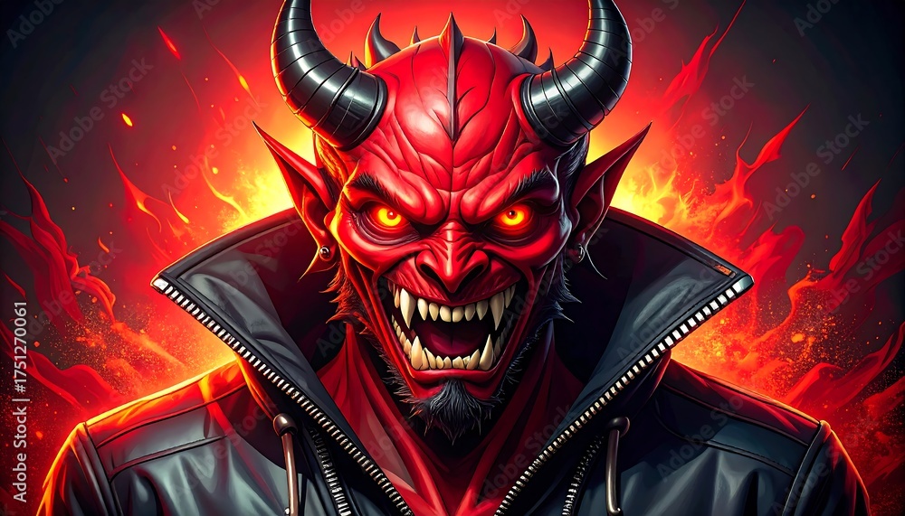Naklejka premium A fierce, red-skinned demon with curved horns, a devilish grin, and glowing eyes, wearing a black leather jacket, against a fiery background