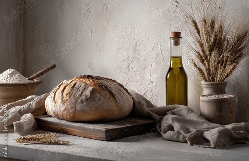 Freshly Baked Bread on a Wooden Board With Olive Oil and Wheat Decor in a Lig...