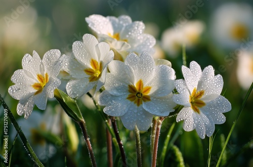 White Flowers Glisten With Dew in a Serene Morning Garden Setting
