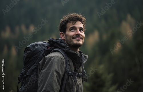 Smiling Hiker Enjoys Nature in a Forest During an Overcast Day