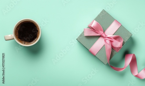 Warm Coffee Beside a Wrapped Gift on a Mint Green Background During a Cheerfu...